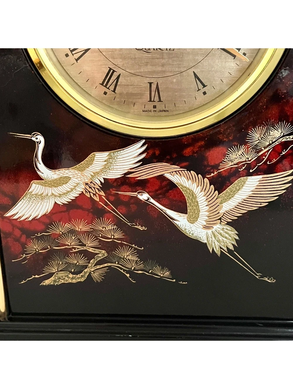 Vintage Charmant Quartz Clock Japan Flying Cranes Gold Lacquer Style